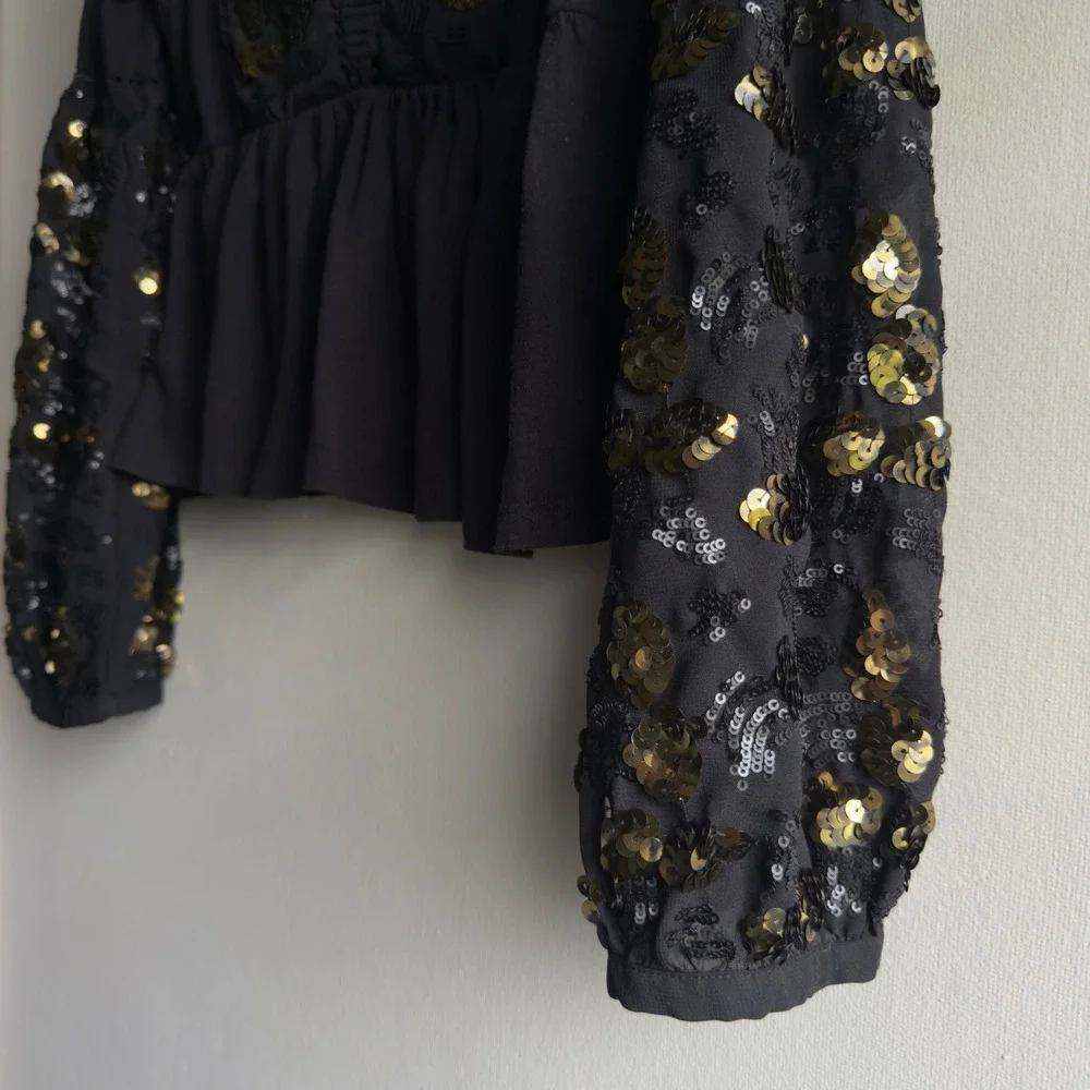 Anthropologie Black Gold Sequin Peplum Top Balloon Sleeve Boho Women Small